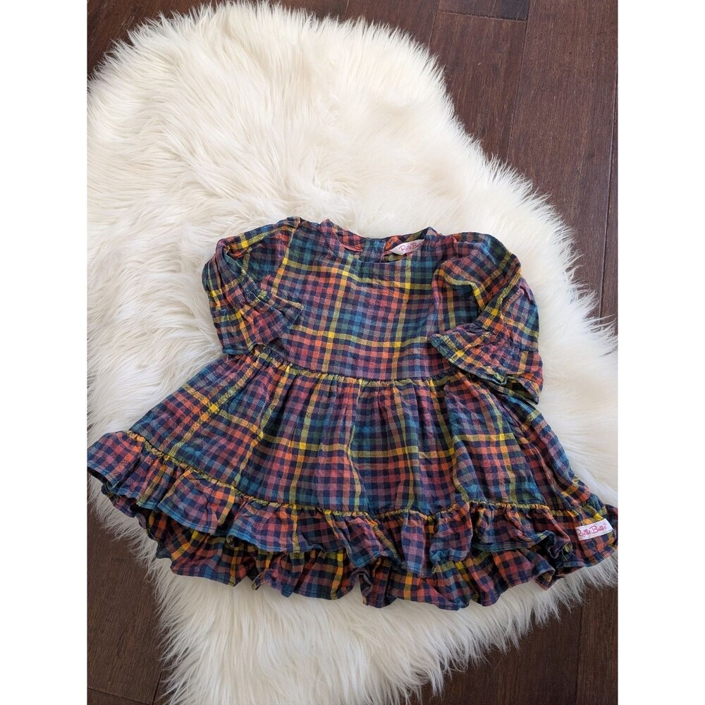 RuffleButts Harvest Rainbow Gingham Plaid Long Sleeve Ruffle Dress 18-24 Months
